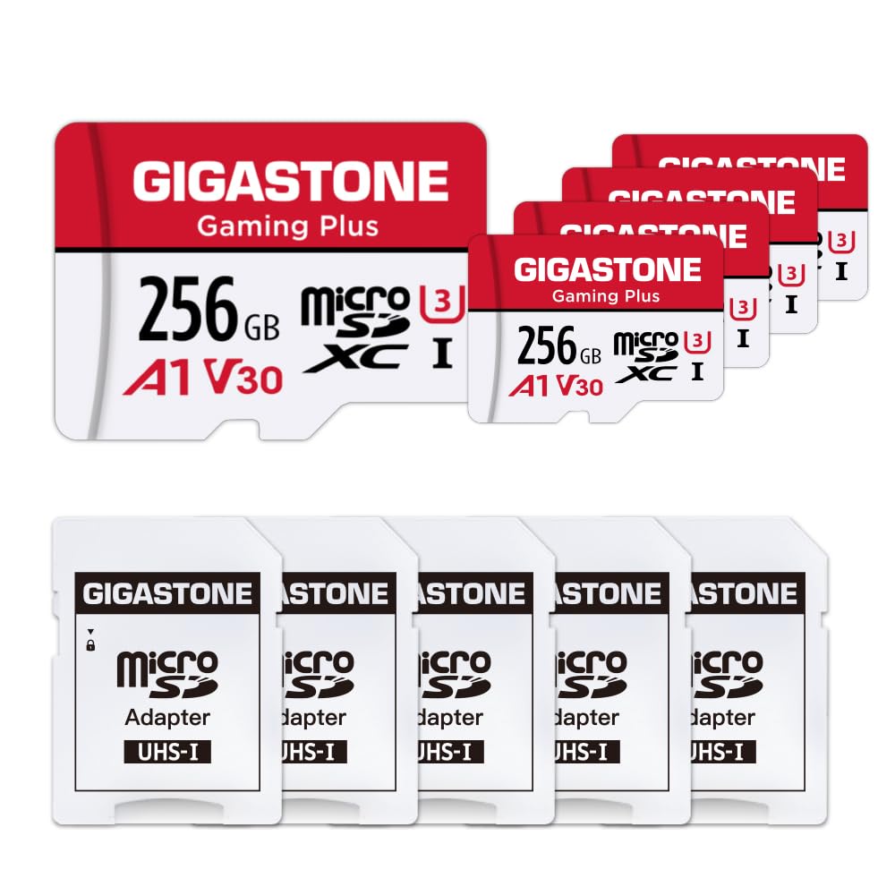 Gigastone Gaming Plus Micro SD Karte 256GB 5er-Pack und SD Adapter, Kompatibel mit Switch, SD Karte