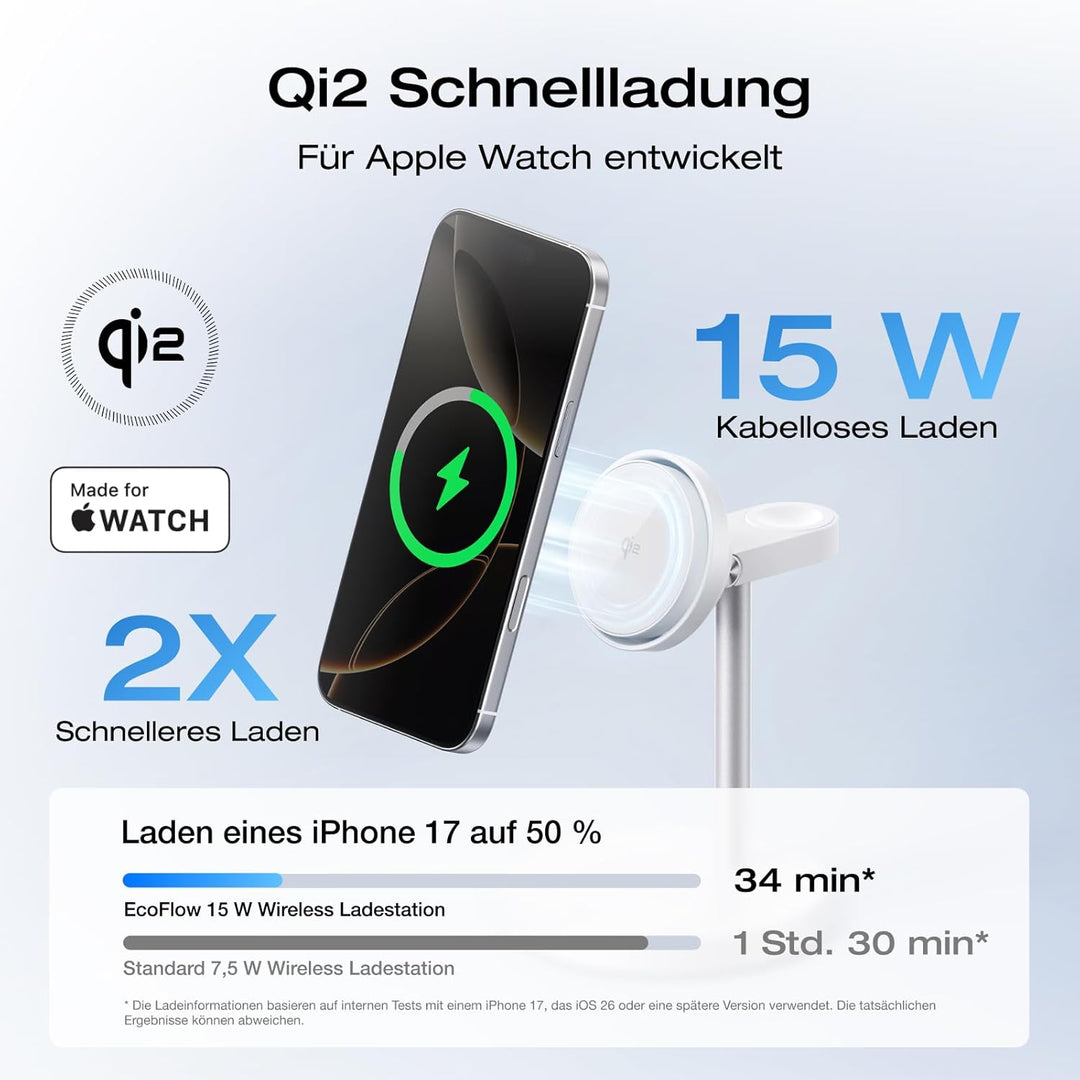 EcoFlow 3 in 1 Qi2 Magsafe Apple Ladestation mit Verstellbarer Ständer, Kabellose iPhone Ladestation