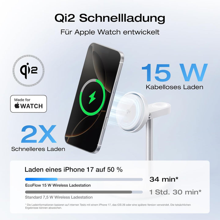 EcoFlow 3 in 1 Qi2 Magsafe Apple Ladestation mit Verstellbarer Ständer, Kabellose iPhone Ladestation