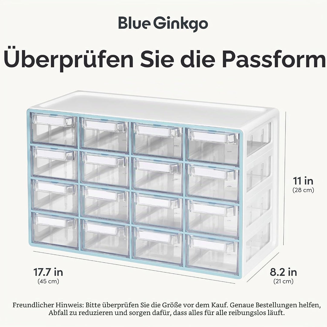 BLUE GINKGO Mittelgrosser Aufbewahrungsschrank mit 16 Schubladen – stapelbare Perlen- und Bastelaufb