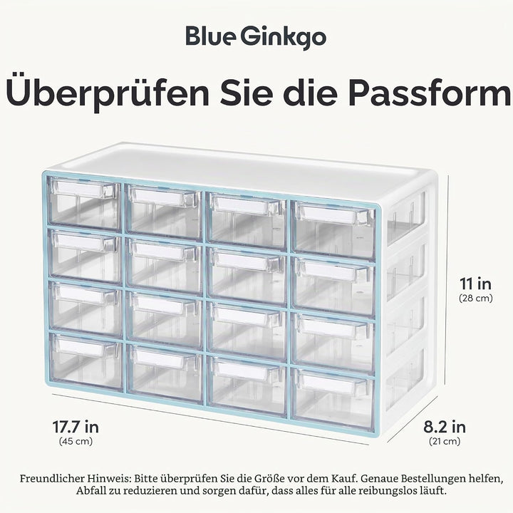 BLUE GINKGO Mittelgrosser Aufbewahrungsschrank mit 16 Schubladen – stapelbare Perlen- und Bastelaufb