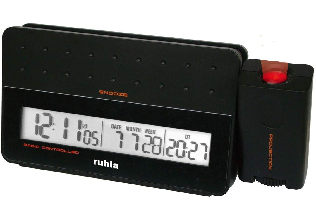 ruhla digitaler Funkwecker schwarz mit Zeit Projektion Tag Datum Woche und USB Handy Ladestation