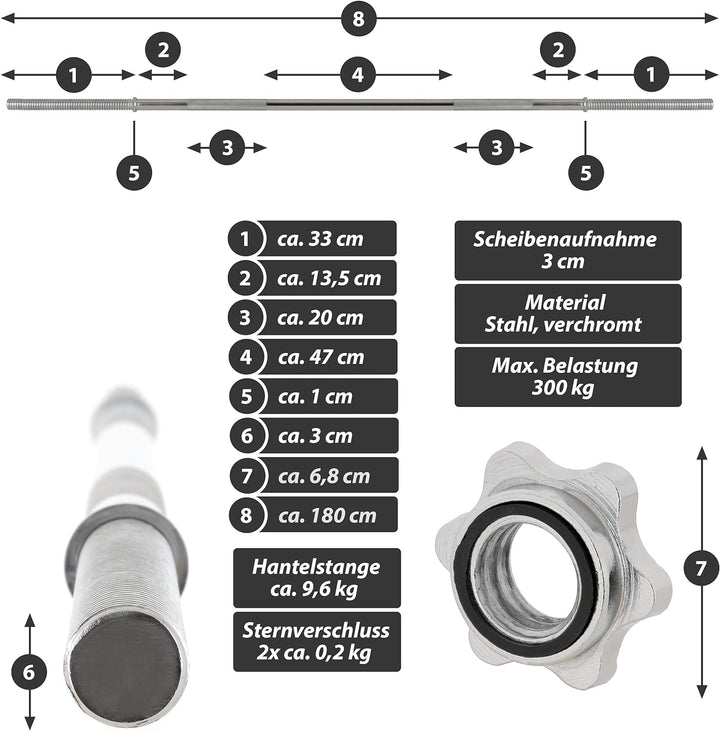 MAXXIVA Hantelstange 180 cm Langhantelstange Krafttraining Zugstange silber verchromt Sternverschlus