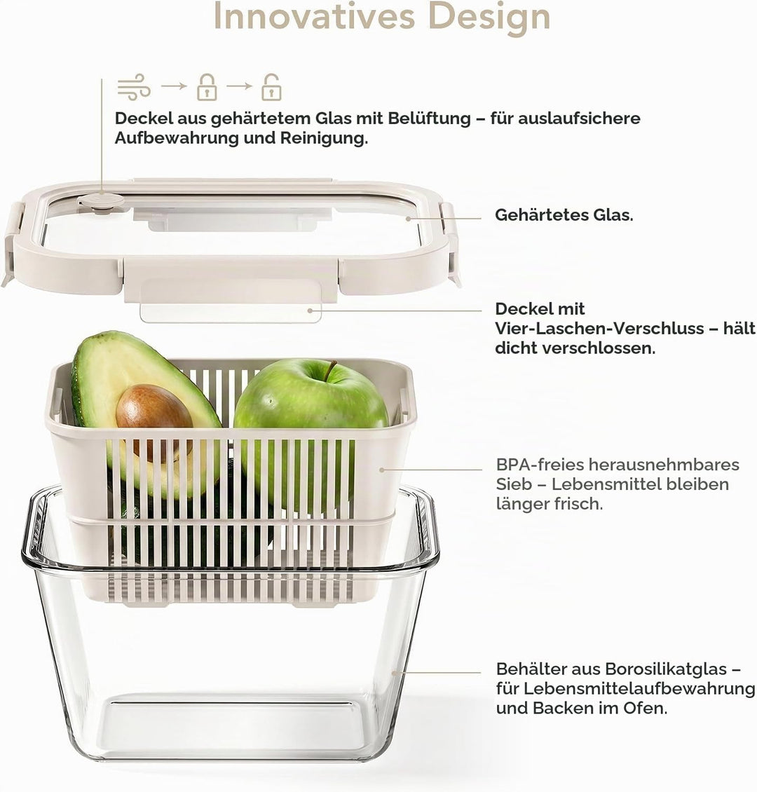 GENICOOK Frischhaltedose Glas mit Siebeinsatz Set Obst &amp; Gemüsebehälter mit Glasdeckel&amp;Belüftung–Bor