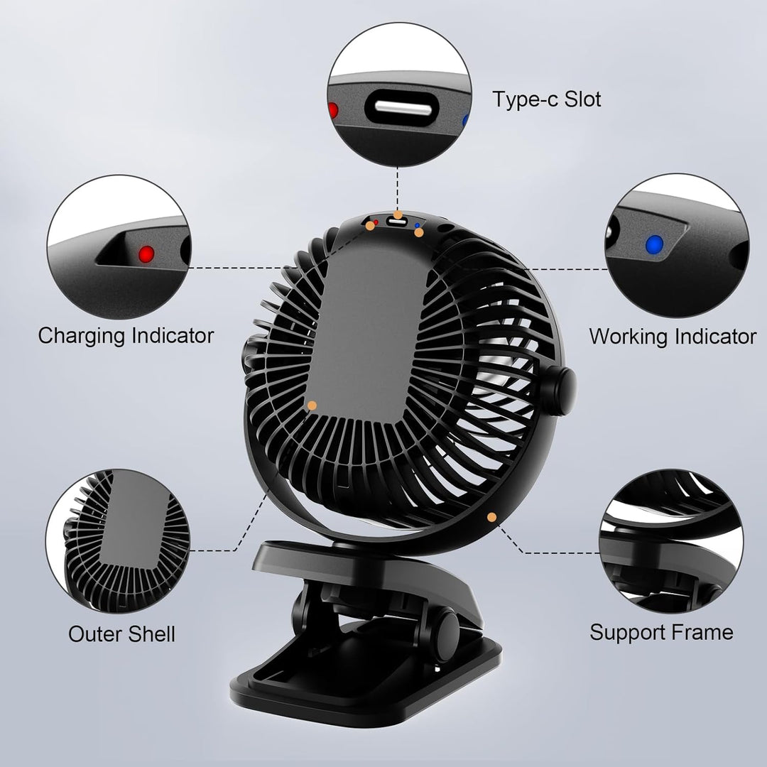 Mini Ventilator Akku mit Clip, USB-C Grow Ventilator Klein, Manuelle Drehung Tisch Ventilatoren Leis
