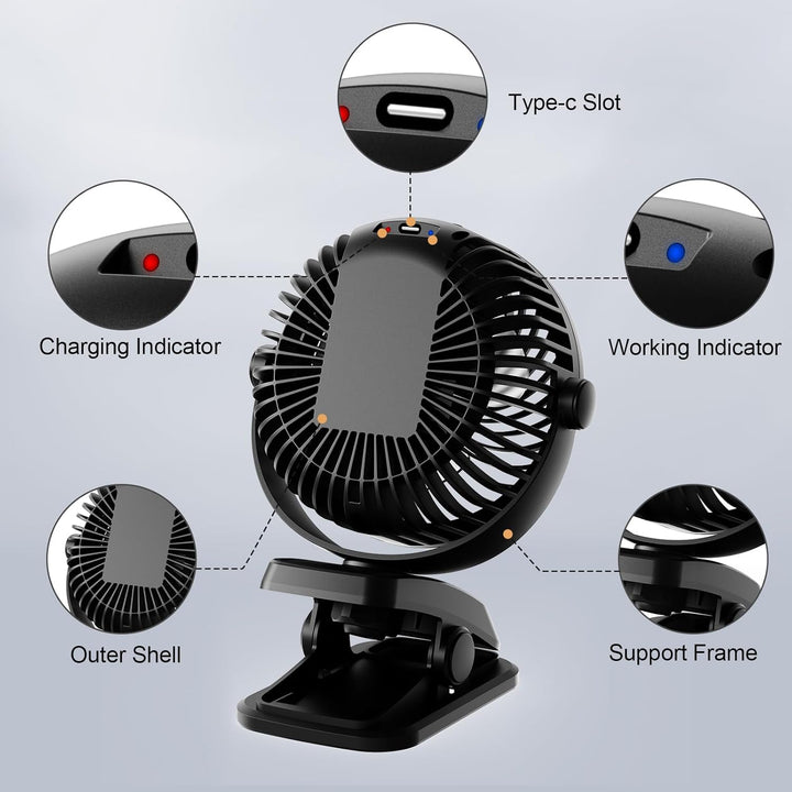 Mini Ventilator Akku mit Clip, USB-C Grow Ventilator Klein, Manuelle Drehung Tisch Ventilatoren Leis