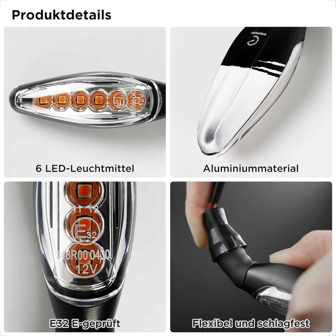 evermotor Universal 12V 4 Stück E32 LED Motorrad Laufeffekt Blinker Aluminiumschale mit schöner Ober