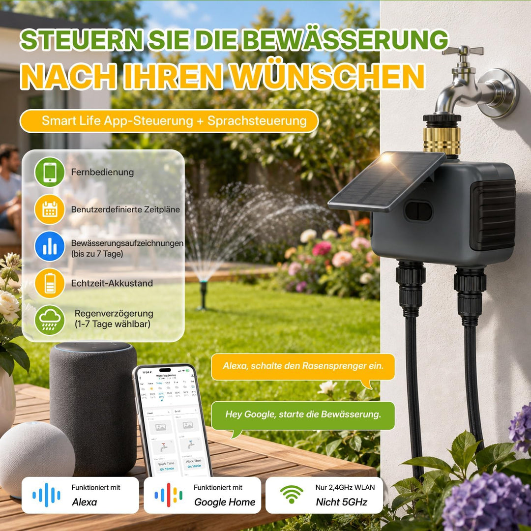 Mcbazel Solares Bewässerungscomputer mit 2 Ausgängen, WLAN-Bewässerungsuhr mit Solar &amp; USB-C-Aufladu