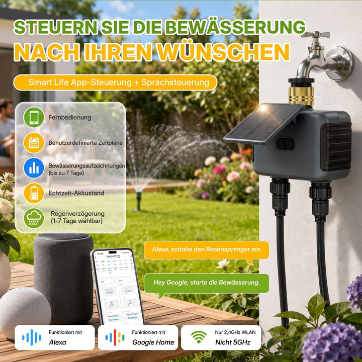 Mcbazel Solares Bewässerungscomputer mit 2 Ausgängen, WLAN-Bewässerungsuhr mit Solar &amp; USB-C-Aufladu