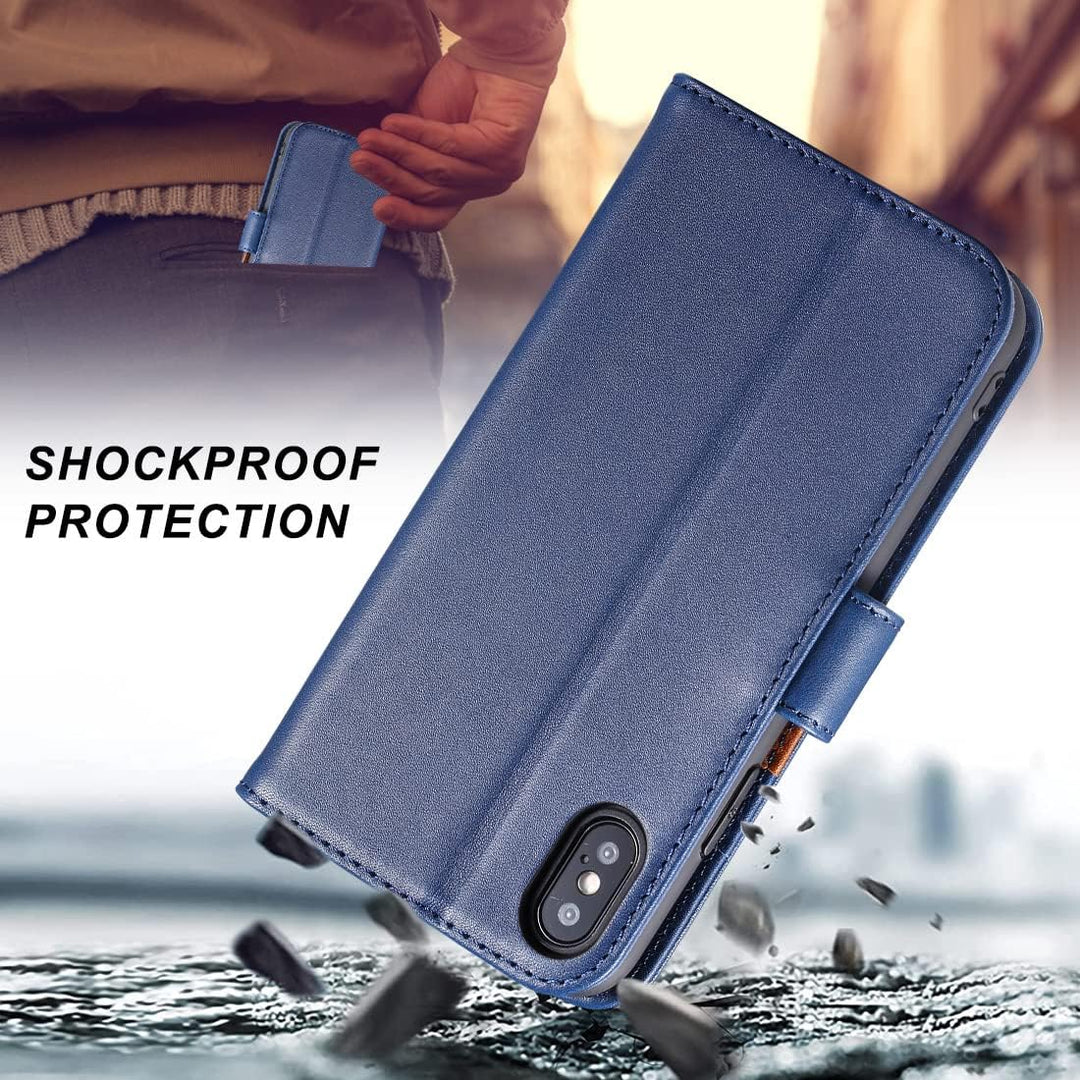 LENSUN Echtleder Hülle für iPhone XS, iPhone X Handyhülle Flip Cover [Echtes Leder][Kartenfach][RFID