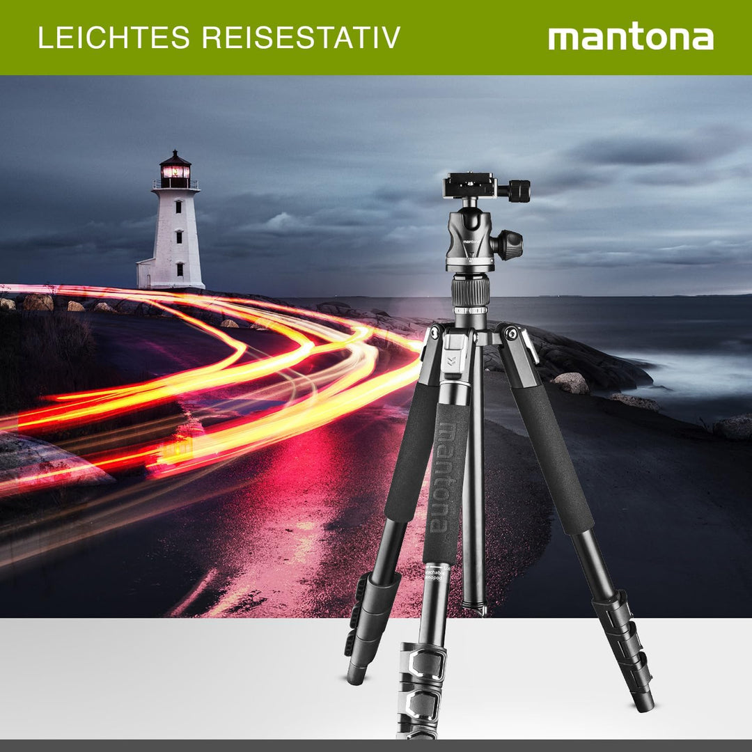 Mantona DSLM Travel Evolution 224 - leichtes Allround Reisestativ mit Vollausstattung, 360° Panorama