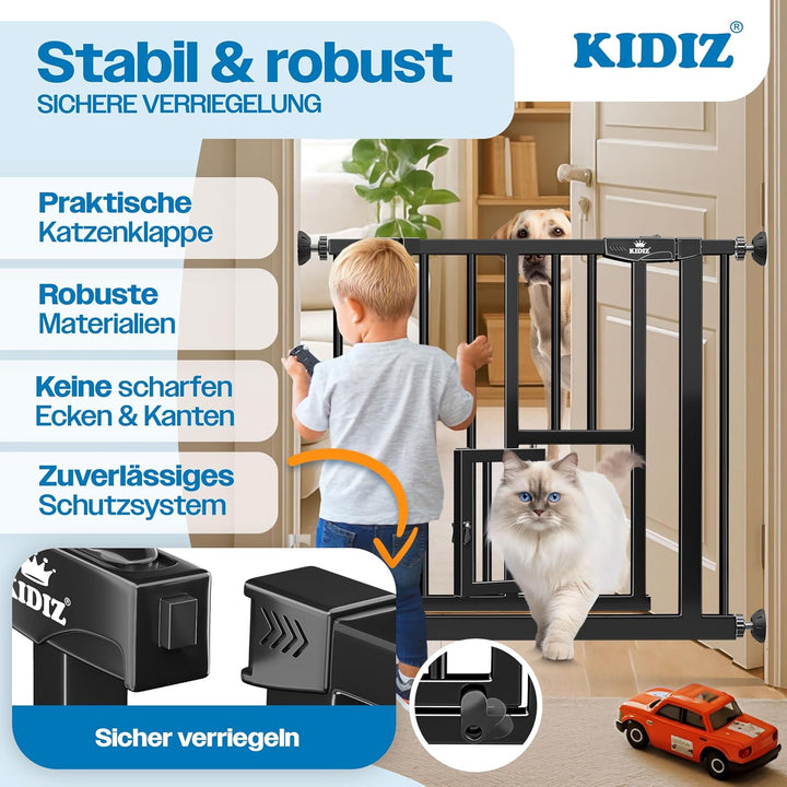 KIDIZ Absperrgitter zum Klemmen mit Katzenklappe, Türschutzgitter, Autoclose Kinder Treppengitter oh