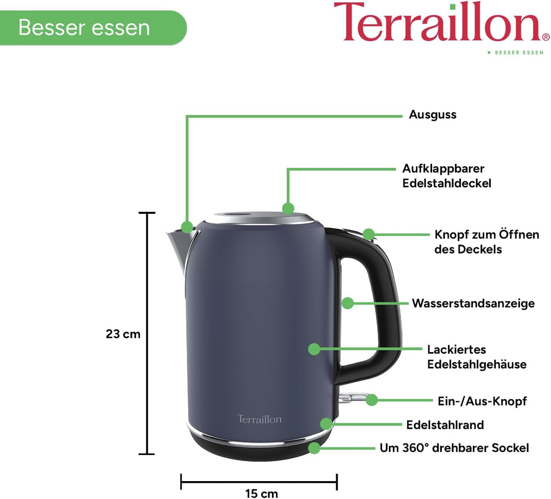TERRAILLON New Moon Elektrischer Wasserkocher, 1,7 l, 2200 W, 360° drehbarer Sockel, automatische Ab