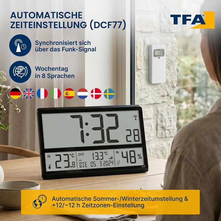 TFA Dostmann Digitale XL Wanduhr, 60.4523.01, mit Aussentemperatur und Raumklima, Funkuhr, 24h Anzei