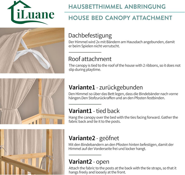iLuane Hausbett Himmel Deko - 3PCS Betthimmel Hausbett Set, 100% Baumwolle Musselin Vorhang - Hausbe
