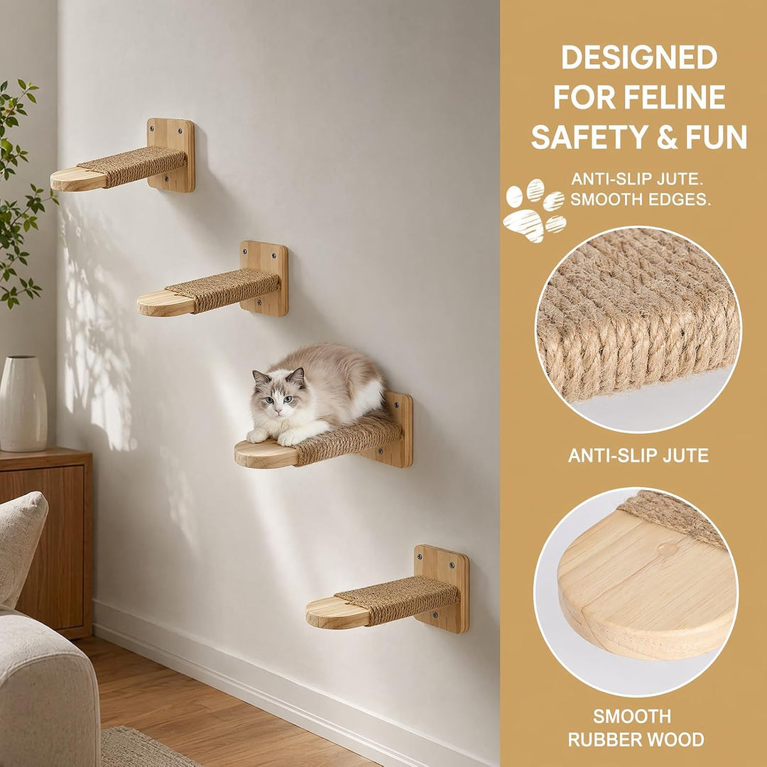 4 Stück Katzentreppe Wand, Wandliege Kletterwand Katzen, Massivholz Katzenleiter Juteseil, Katzen Wa