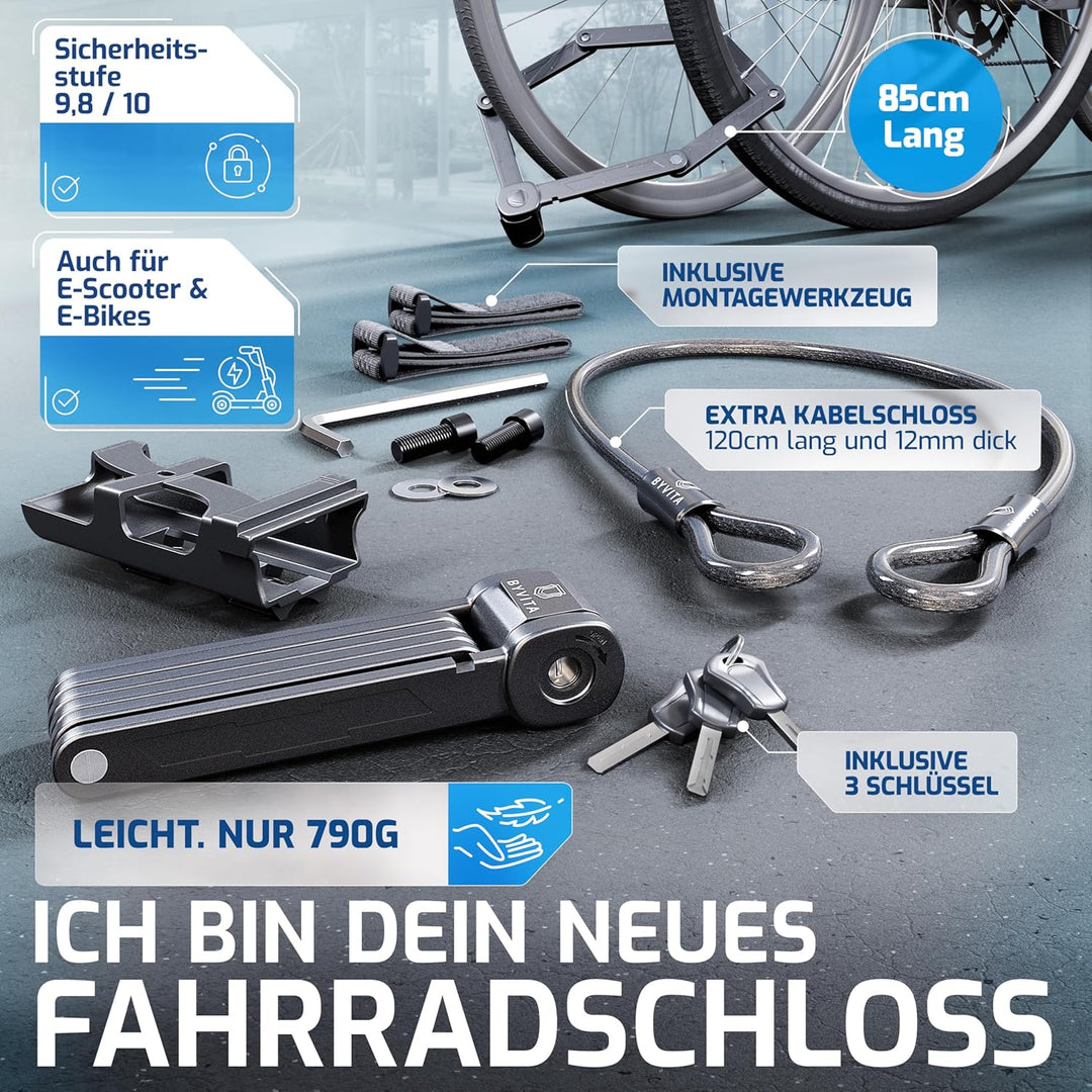 BYVITA Faltschloss Fahrrad 85cm inkl. Kabelschloss | Fahrradschloss Faltschloss mit Halterung &amp; Zube