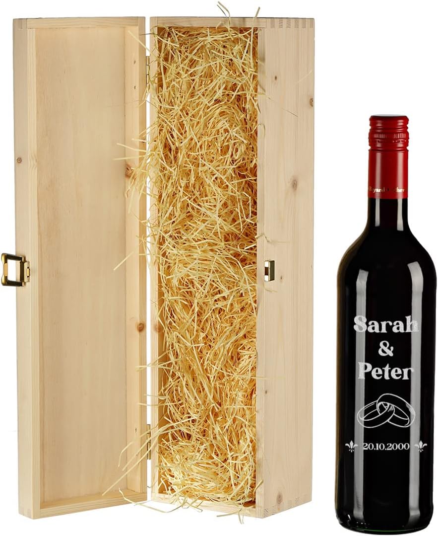 2-TLG Wein Geschenkset - personalisierte 0,7 L Weinflasche und Kiste aus Holz - perfekt für Hochzeit