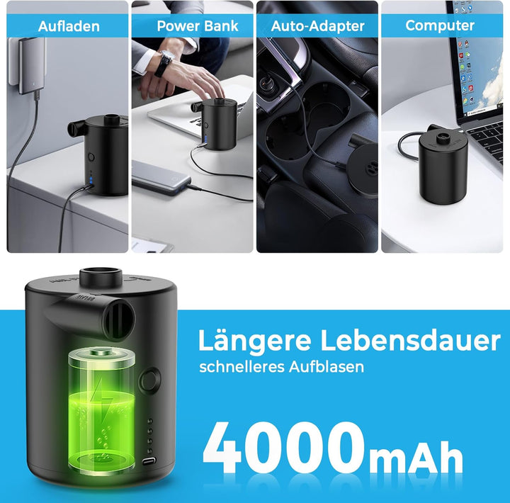 BOSONER Elektrische Luftpumpe mit Akku: 4000 mAh, wiederaufladbare Luftpumpe mit 3 Luftdüsen – schne