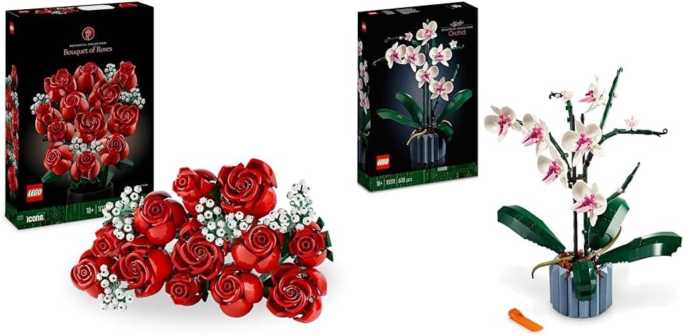 LEGO Icons Rosenstrauss, künstliche Blumen als Zimmer-Deko & Icons Orchidee, Künstliche Pflanzen Set