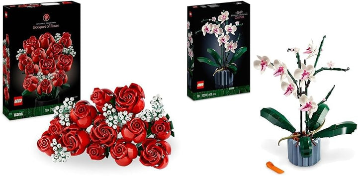 LEGO Icons Rosenstrauss, künstliche Blumen als Zimmer-Deko & Icons Orchidee, Künstliche Pflanzen Set