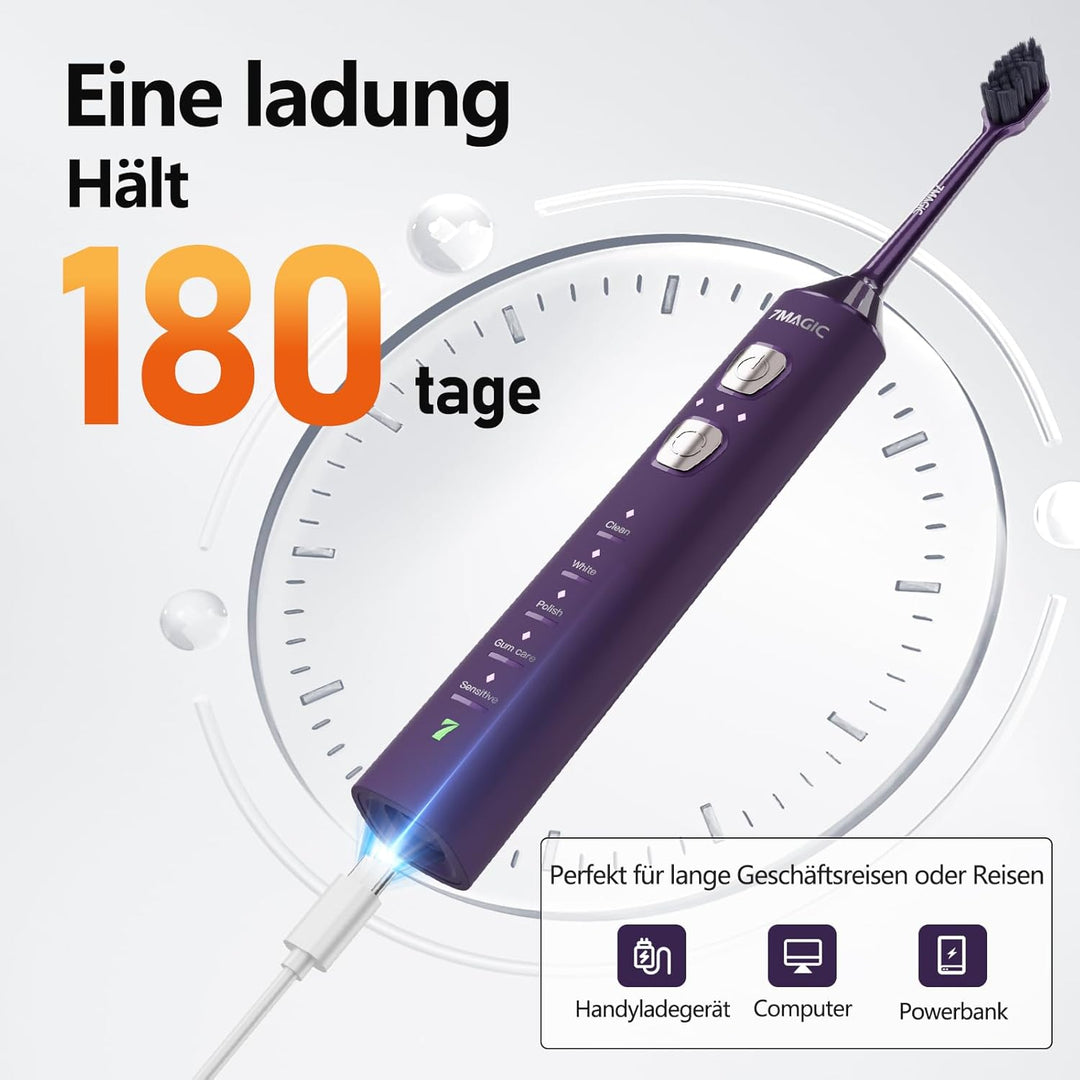 Elektrische Zahnbürste, Schallzahnbürste, Zahnbürste Mit 180 Tagen Akkulaufzeit Und Timer, 3 Intensi