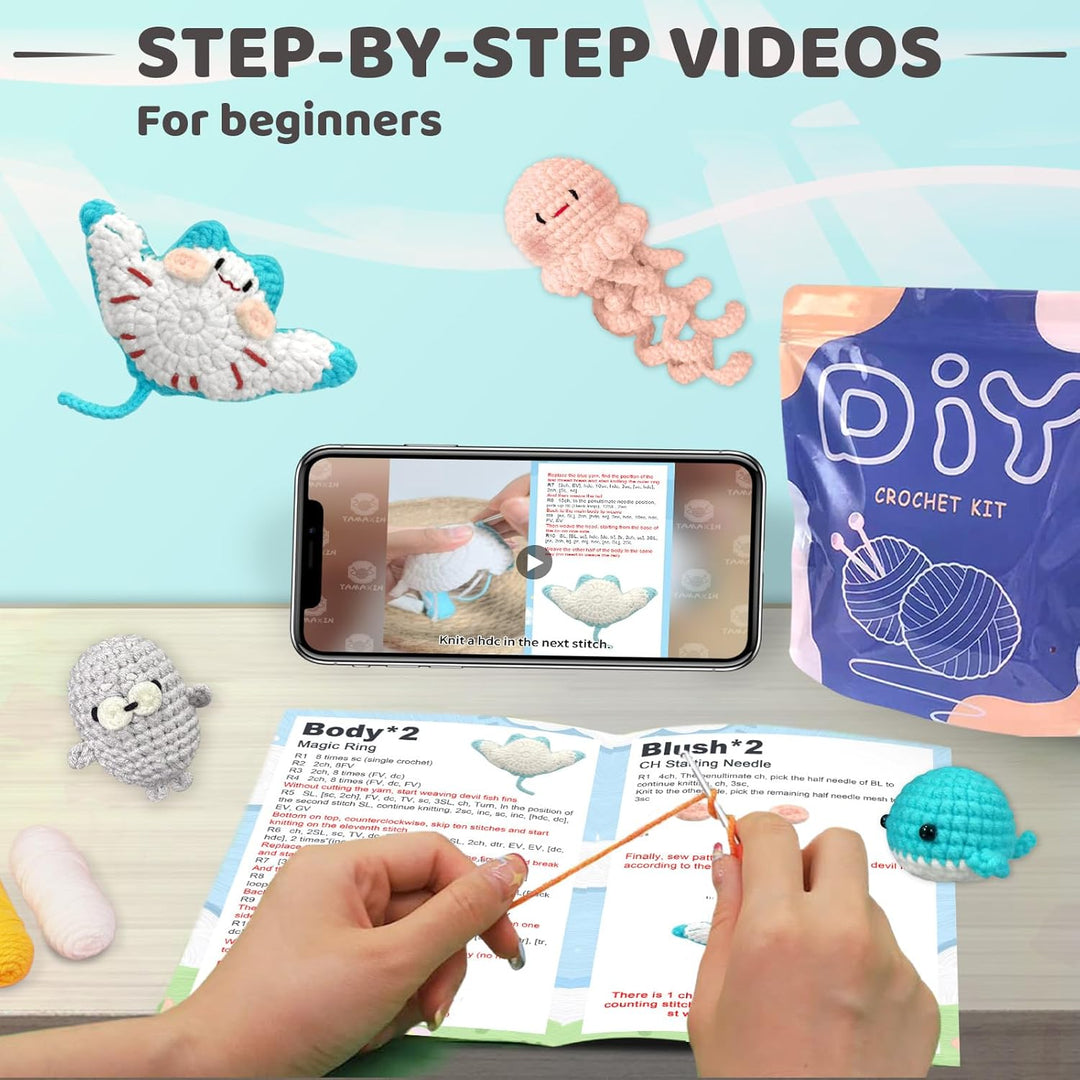 YAMAXIN Häkelset für Anfänger – Ocean Animal Amigurumi DIY Garn Kit mit Schritt-für-Schritt-Anleitun