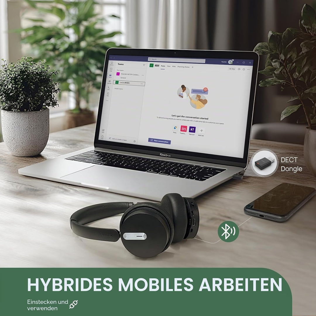 Yealink WH64 Hybrid DECT &amp; Bluetooth Kabelloses Headset mit 3 Mikrofon für die Arbeit mit Dongle, 49