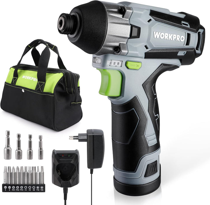 WORKPRO Akku-Schlagschrauber, 12V Schlagschrauber 100 Nm 2000 U/min, 1/4”Spannfutter, mit 2,0 Ah Akk