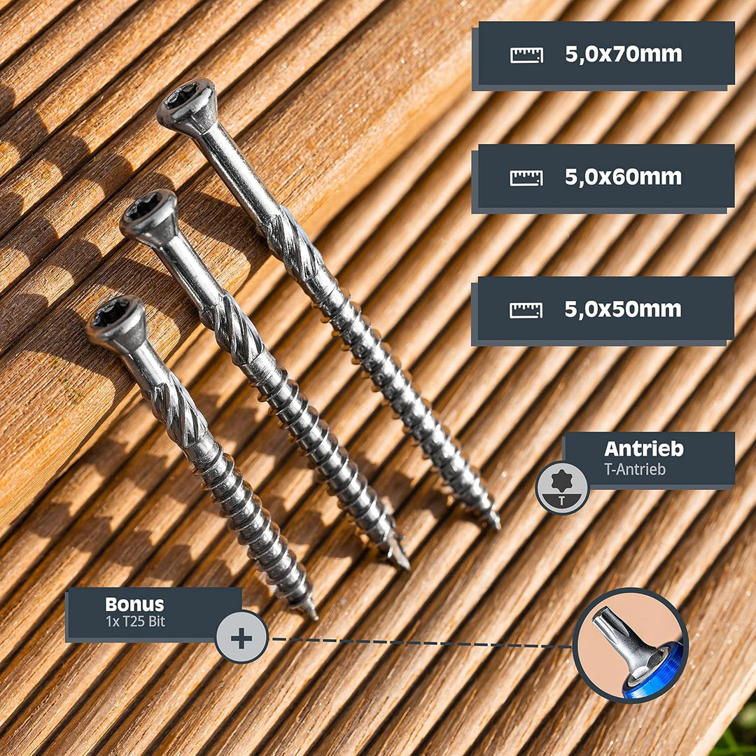 HELPMATE – Terrassenschrauben 5x60 Edelstahl A2 Rostfrei – 200 Stück Dielenschrauben + 1 T25 Bit – T