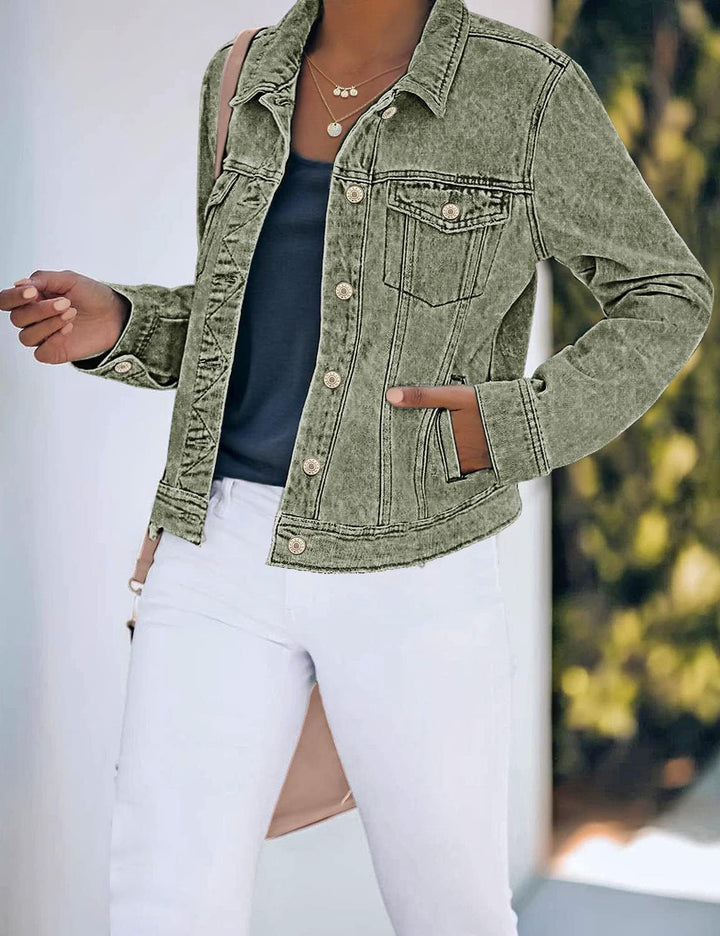 Roskiky Jeansjacken Damen Jean Stretchy Langarm Trucker Jacke mit Tasche