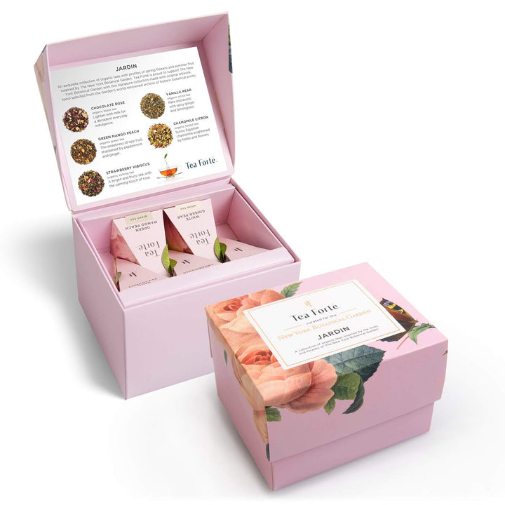 Tea Forte Geschenk-Set mit Kaffeetasse, Teetablett und 10 handgefertigten Pyramiden-Tee-Ei (Jardin)