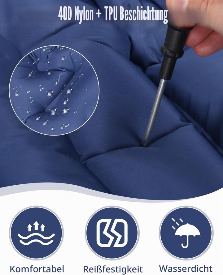 Isomatte Selbstaufblasend, 10cm Dicke Luftmatratze Camping mit Fusspressepumpe und Kissen, Anti-Rips
