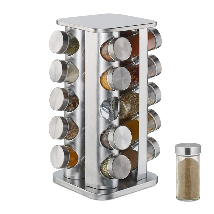 Relaxdays Gewürzkarussell mit 20 Gewürzgläsern, 360° drehbar, Edelstahl, Glas, Gewürzregal HxD 34 x
