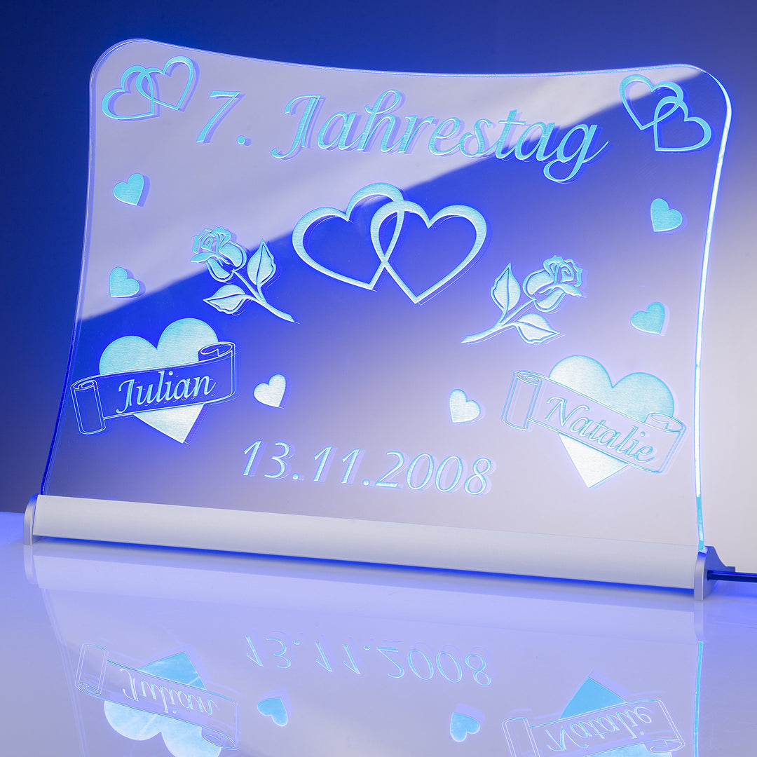 LED Acrylglas Schild "Jahrestag", 30x20 cm, mit persönlicher Laser Gravur (blau), blau