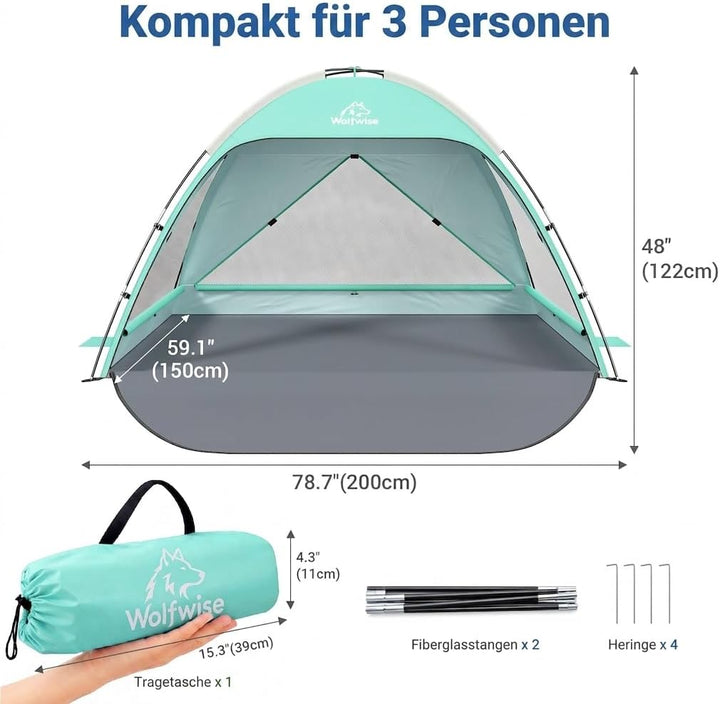 Wolfwise Strandmuschel UV Schutz, 3 Belüftungsfenster &amp; Tragetasche, Strand Zelt mit erweiterbarem B
