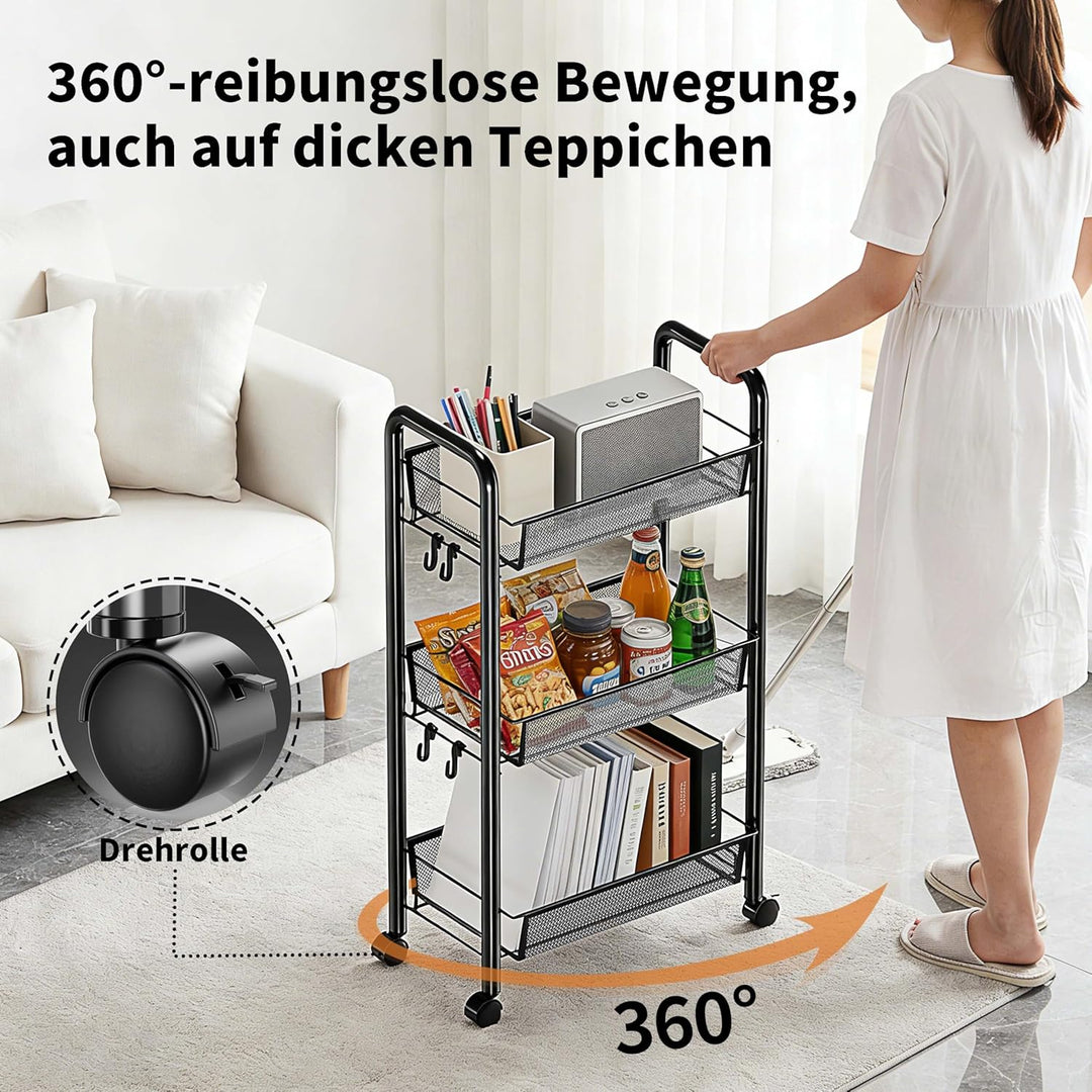 Rollwagen Metall Servierwagen,Küchenwagen,Küche,360° drehbare Räder,Aufbewahrungswagen mit 3/4/5 Ebe