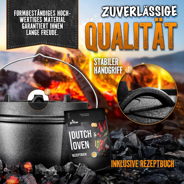 grillas Dutch Oven Set inkl. Rezeptideen | bereits eingebrannt - preseasoned | Feuertopf Gusseisen I