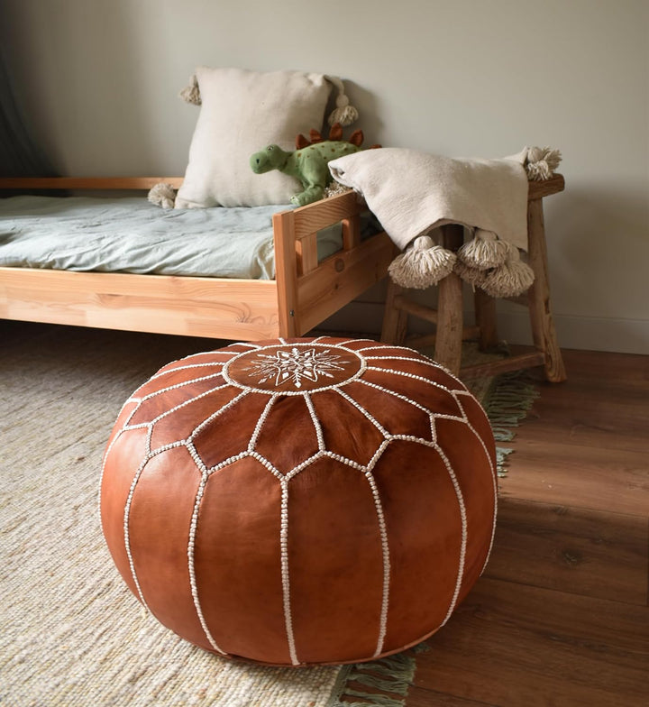 Marokkanischer Echtleder Pouf - Cognac Braun - Handgefertigt - gefüllt geliefert - Ottoman Sitzsack