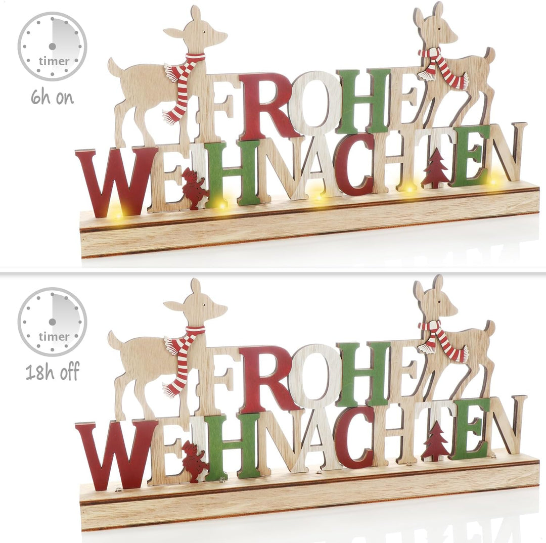 com-four® LED Deko Aufsteller aus Holz - beleuchteter Schriftzug auf Holzsockel - Deko-Schriftzug zu
