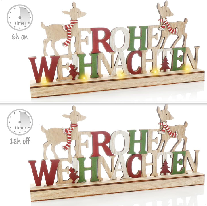 com-four® LED Deko Aufsteller aus Holz - beleuchteter Schriftzug auf Holzsockel - Deko-Schriftzug zu