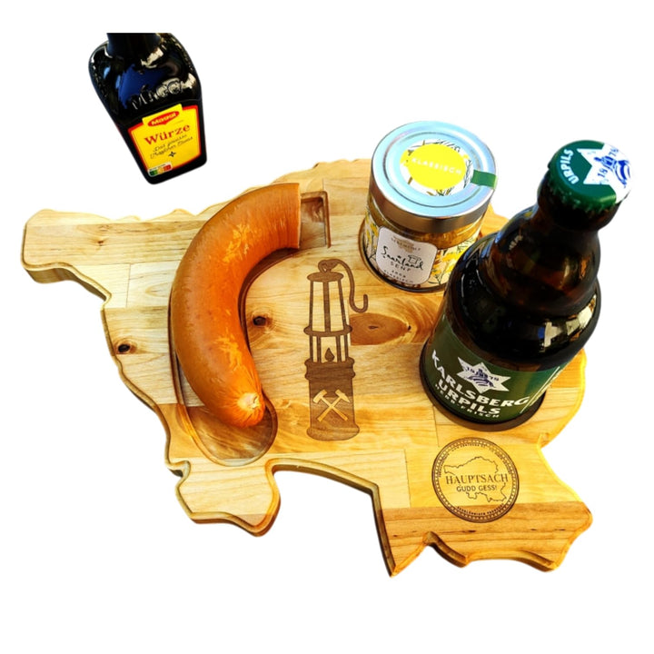 Saarlandbrett aus Holz mit Senf, Frühstücksbrettchen im Bergmann Stil, Geschenkidee aus dem Saarland