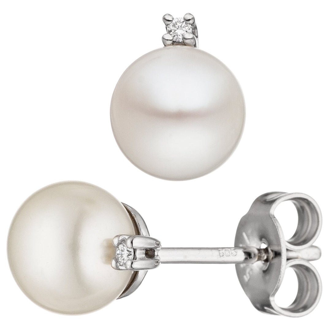 Jobo Damen-Ohrstecker aus 585 Weissgold mit Perlen und 2 Diamanten