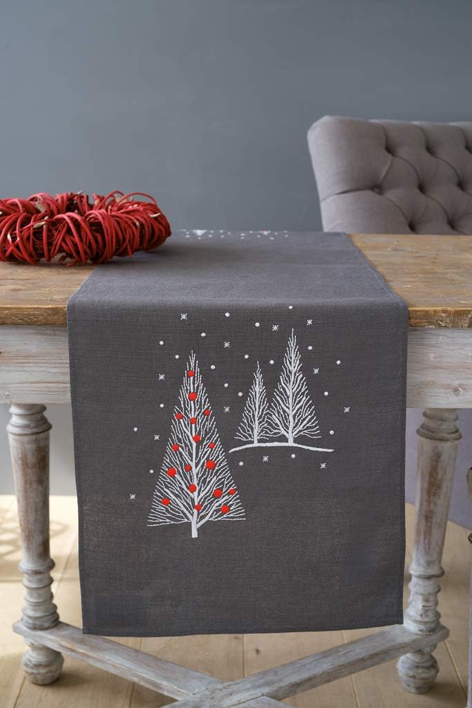 Vervaco Bedruckter Langer Läufer Weihnachtsbäume Stickpackung, Baumwolle, Weiss, 40 x 100 x 0,30 cm