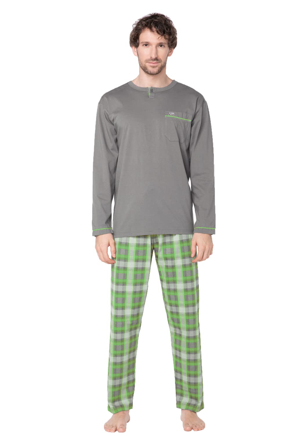 e.VIP® Herren Schlafanzug Luke 326 aus Reiner Baumwolle M Grau/Grün, M Grau/Grün