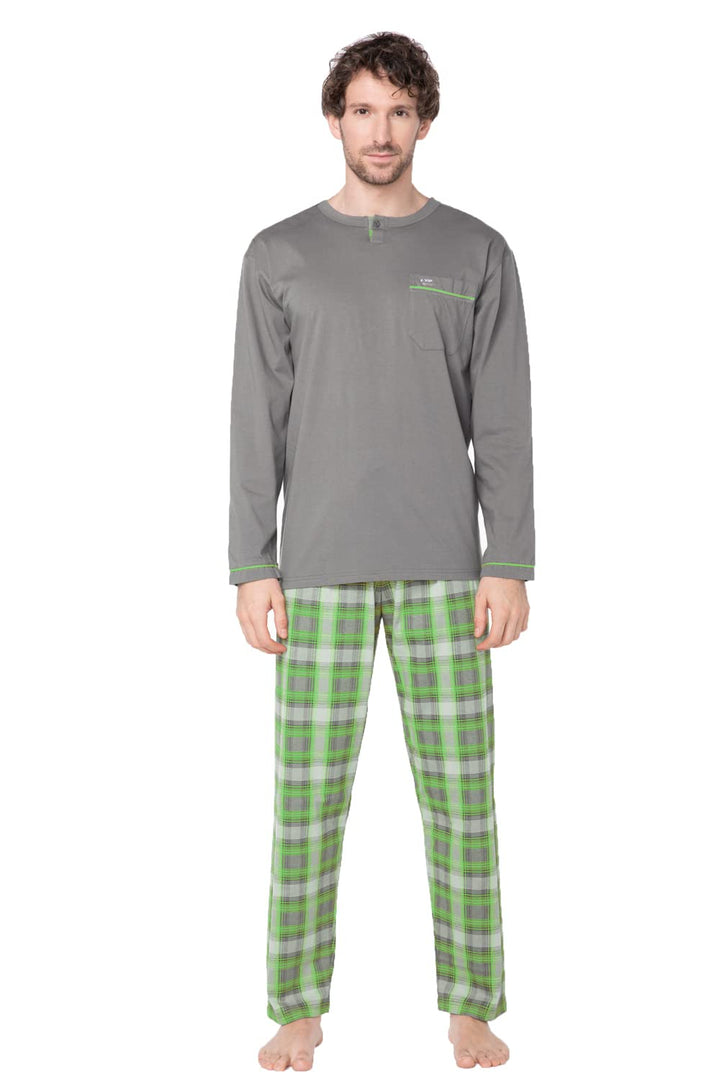 e.VIP® Herren Schlafanzug Luke 326 aus Reiner Baumwolle M Grau/Grün, M Grau/Grün