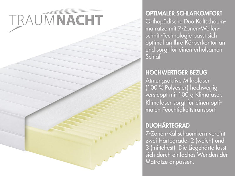 Traumnacht Basic 2 in 1 Duo 7- Zonen Kaltschaummatratze, Härtegrad 2 und 3, Öko-Tex zertifiziert, 70