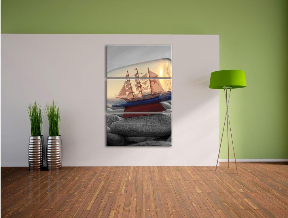 Pixxprint Schiff in Flasche am Steinstrand als Leinwandbild/Grösse: 3 Teilig (120x80 cm) cm/Wandbild