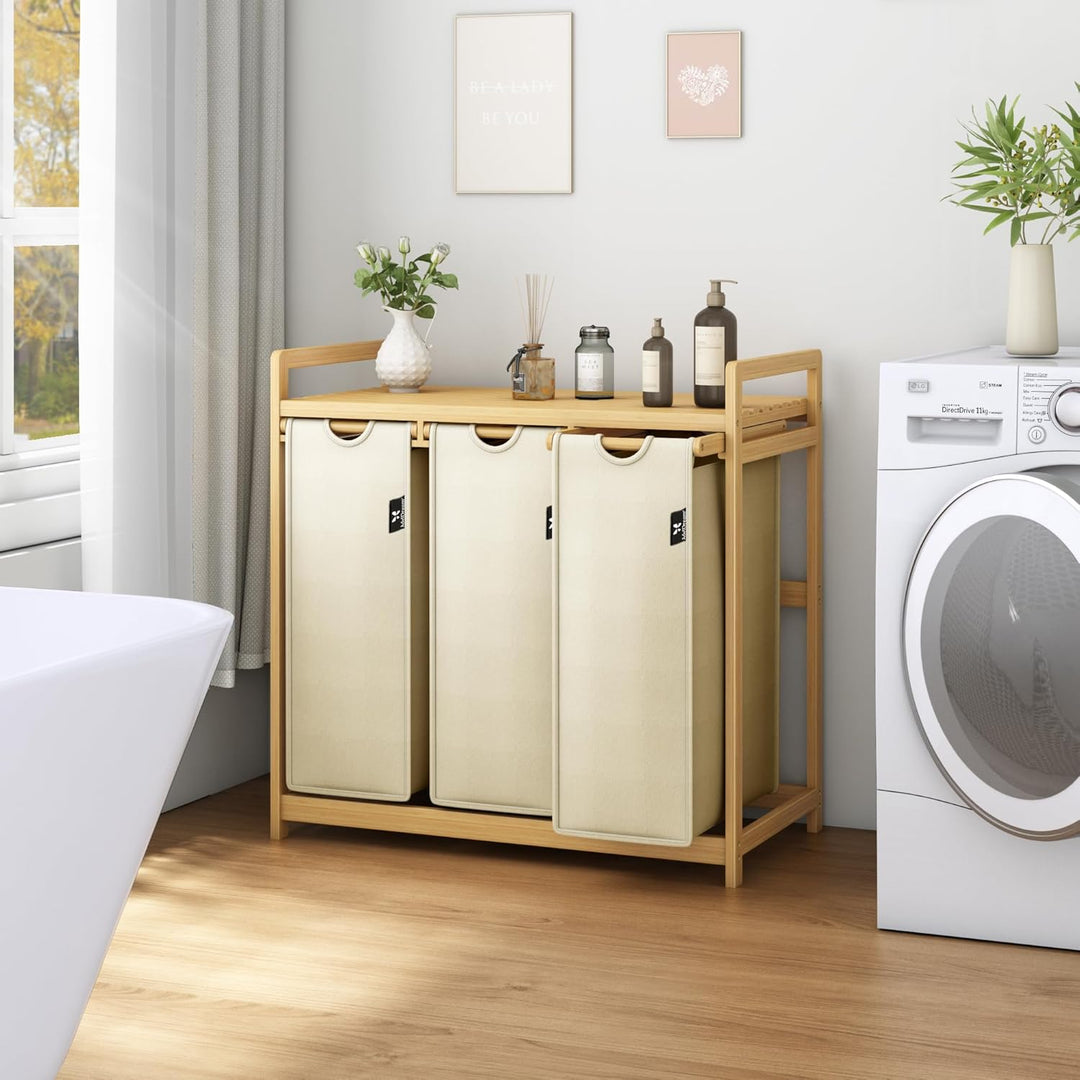 AdelDream Wäschekorb 150L, 3 Fächer Wäschesammler mit Ablage, Bambusrahmen | Wäschesortierer mit 3 x