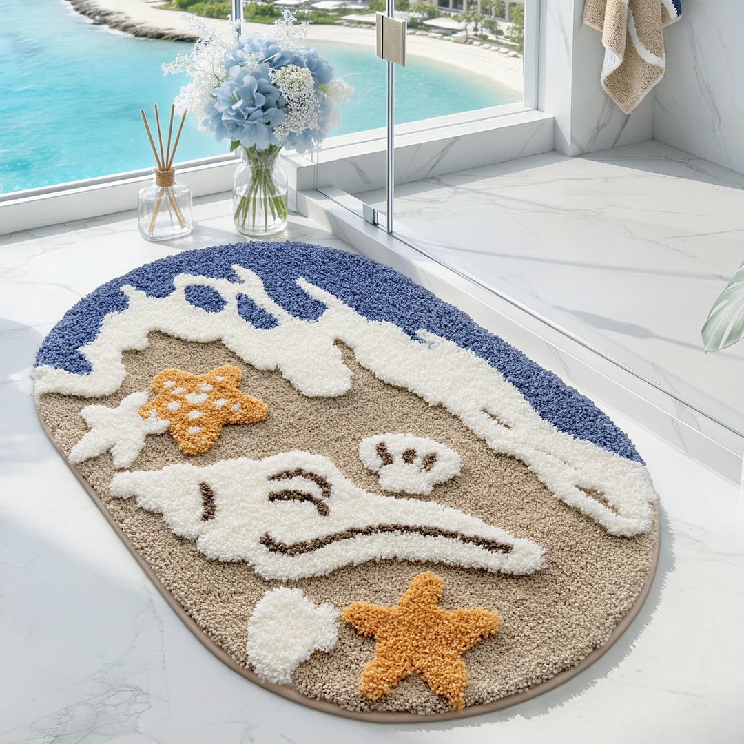 DEXI Ovale Badezimmerteppich 54 x 86 cm, Badematte rutschfest Absorbierende mit Seestern-Strand Must